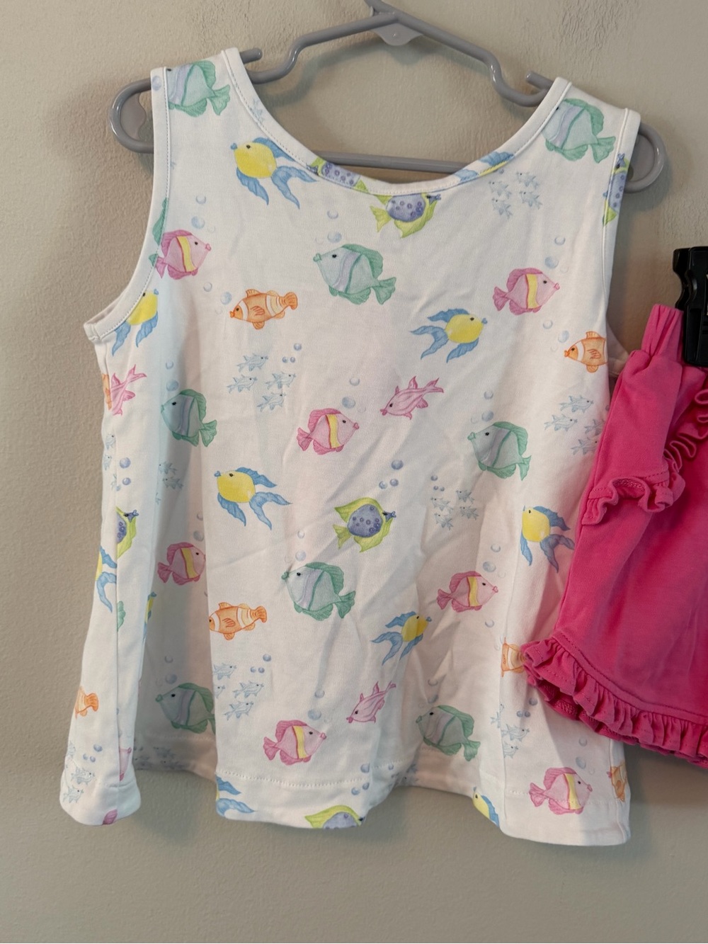 James & Lottie White Fish Print Tank Top & Hot Pink Ruffle Shorts Set - Picture 2 of 4